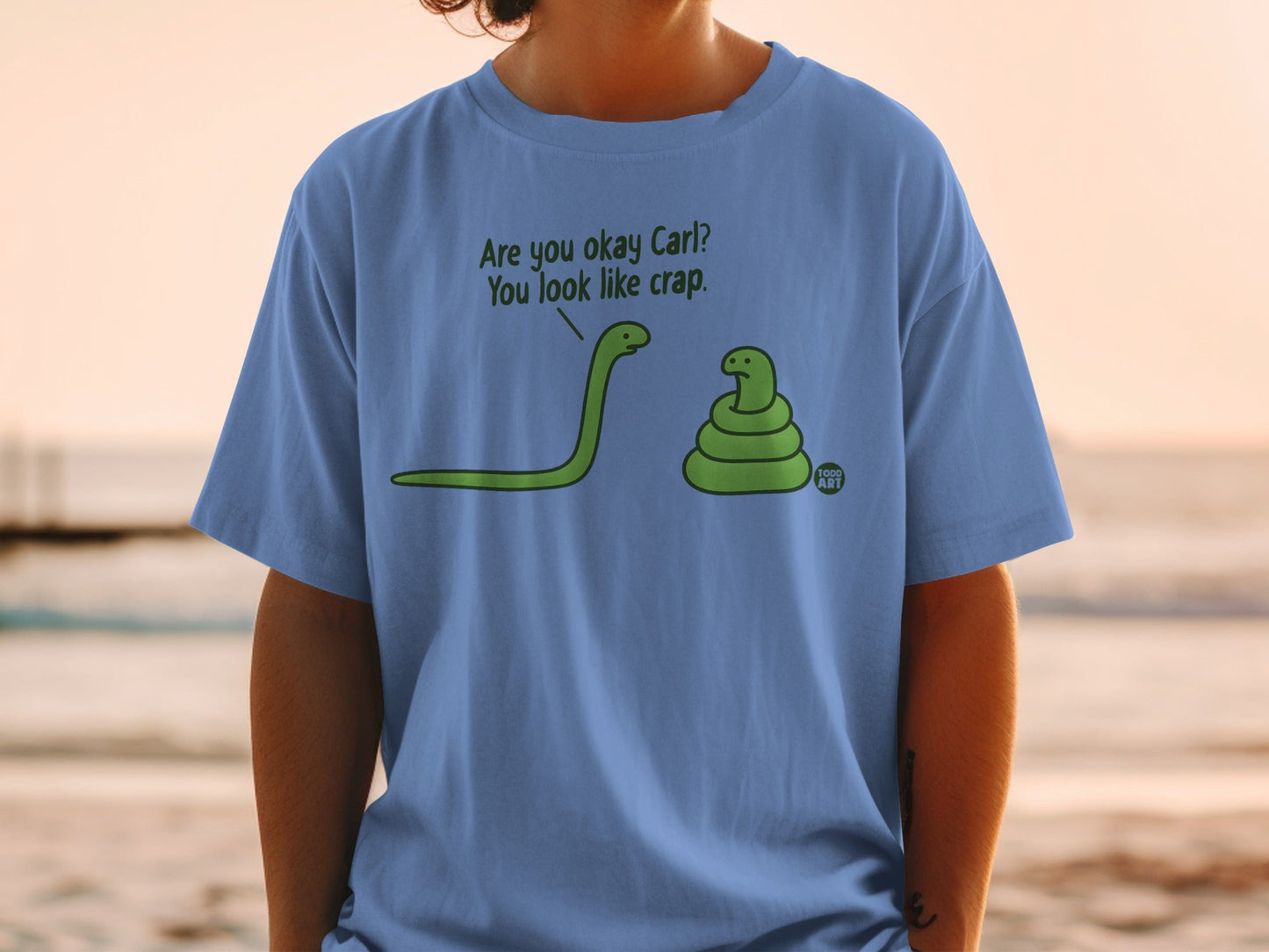 Two cartoon snakes, one long and one round, with text "Are you okay Carl? You look like crap."