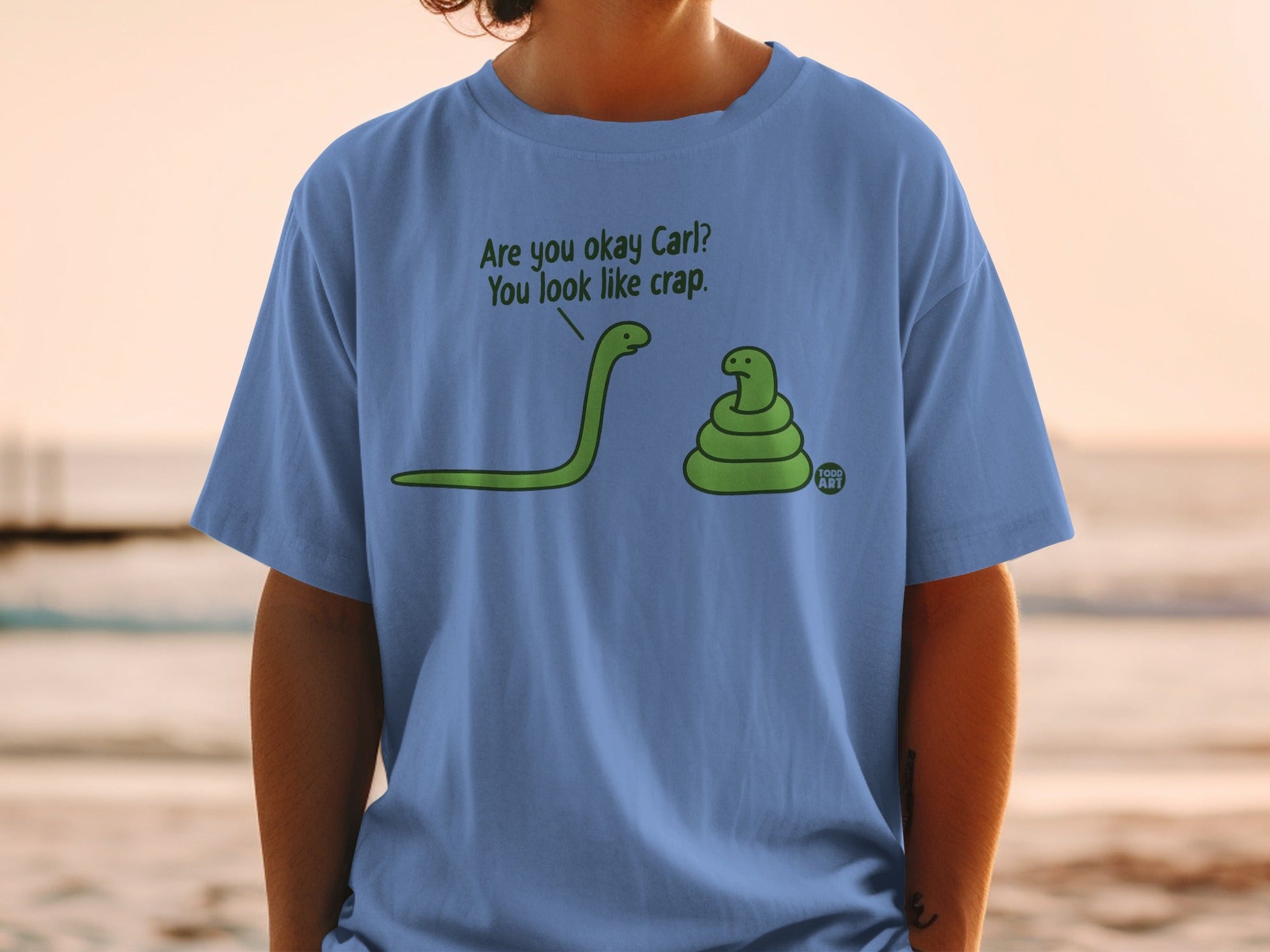Two cartoon snakes, one long and one round, with text "Are you okay Carl? You look like crap."