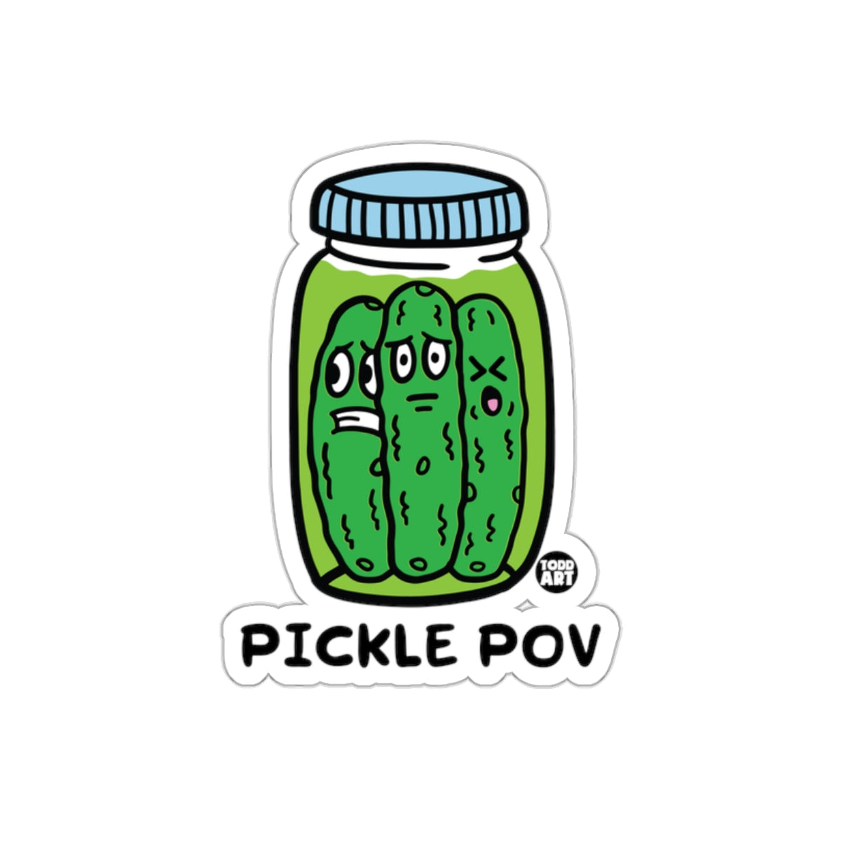 Pickle POV Art by Todd Funny Three Pickles in a Jar sticker