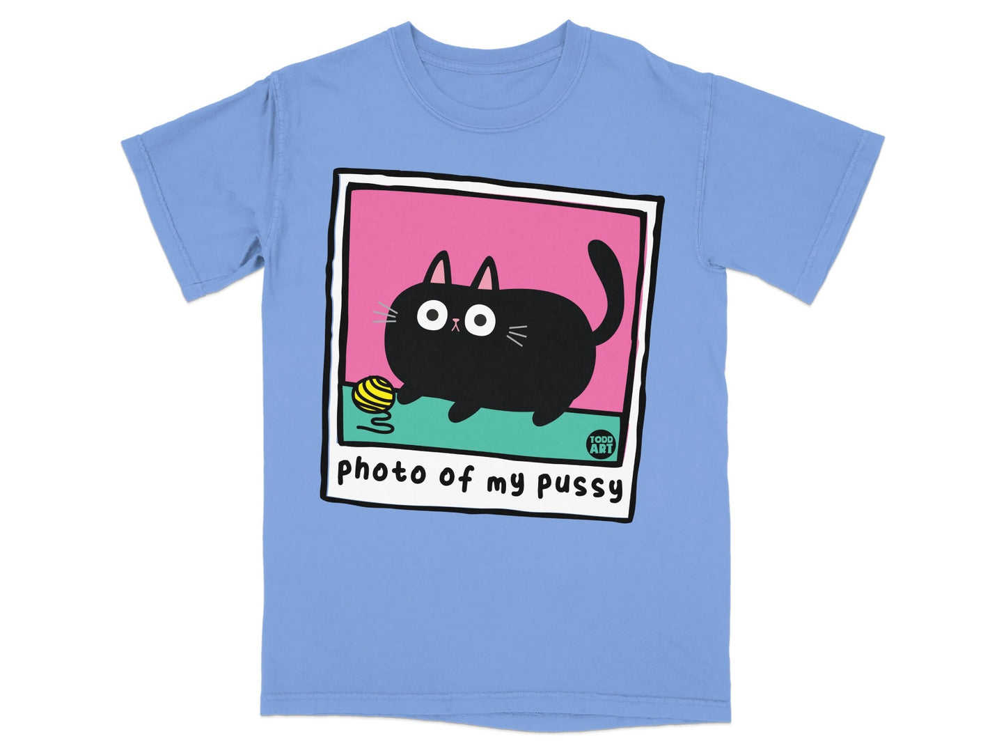 Blue t-shirt with cartoon black cat playing with yarn inside a pink photo frame.