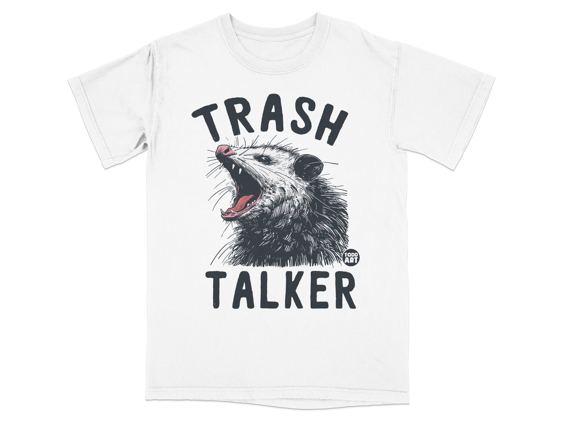 White t-shirt with "TRASH TALKER" and an open-mouthed possum graphic.