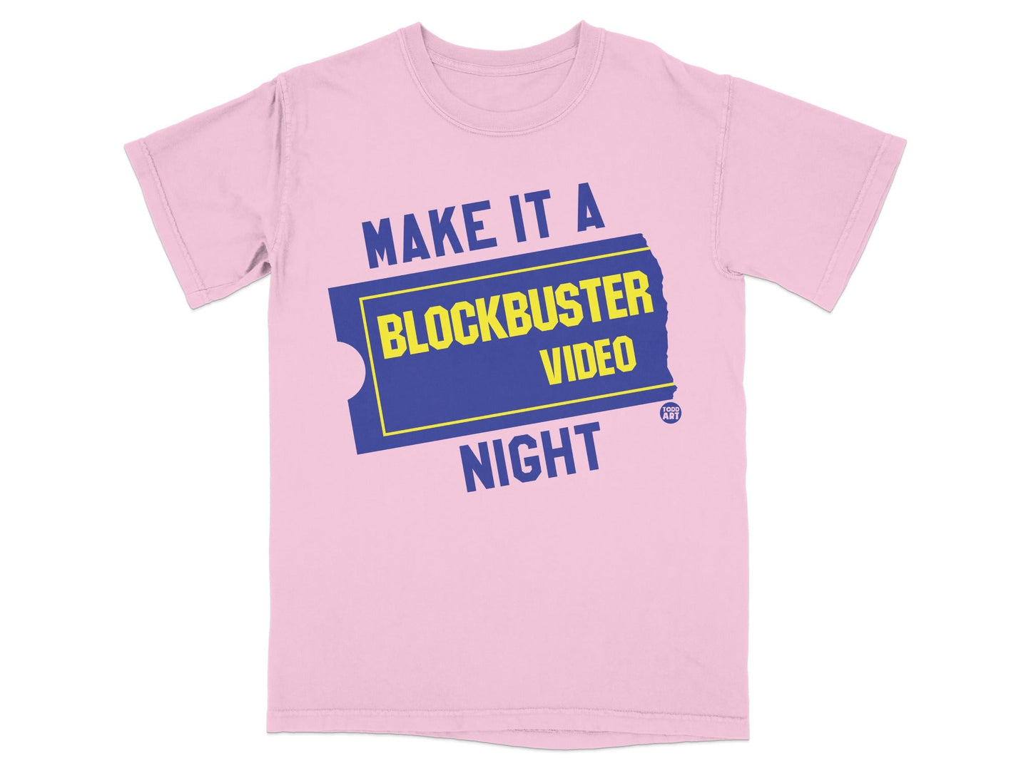 Pink t-shirt with Blockbuster Video Night text and logo.
