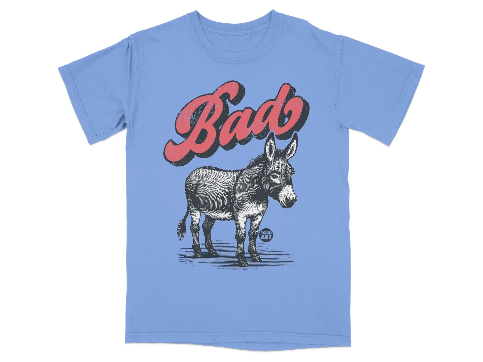 Bad Donkey Graphic Blue T-shirt with Bold Text Design
