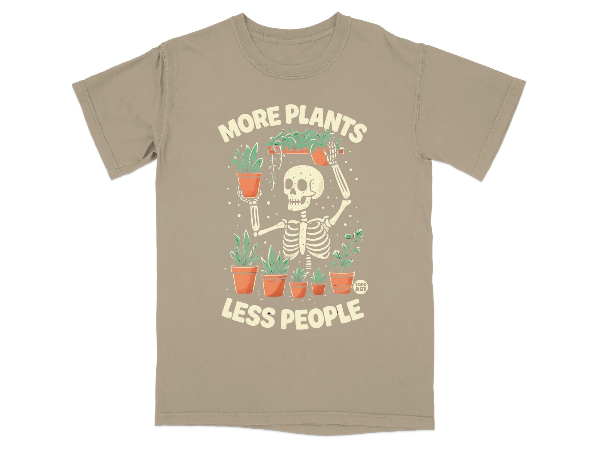 Skeleton holding potted plants with text "MORE PLANTS LESS PEOPLE".