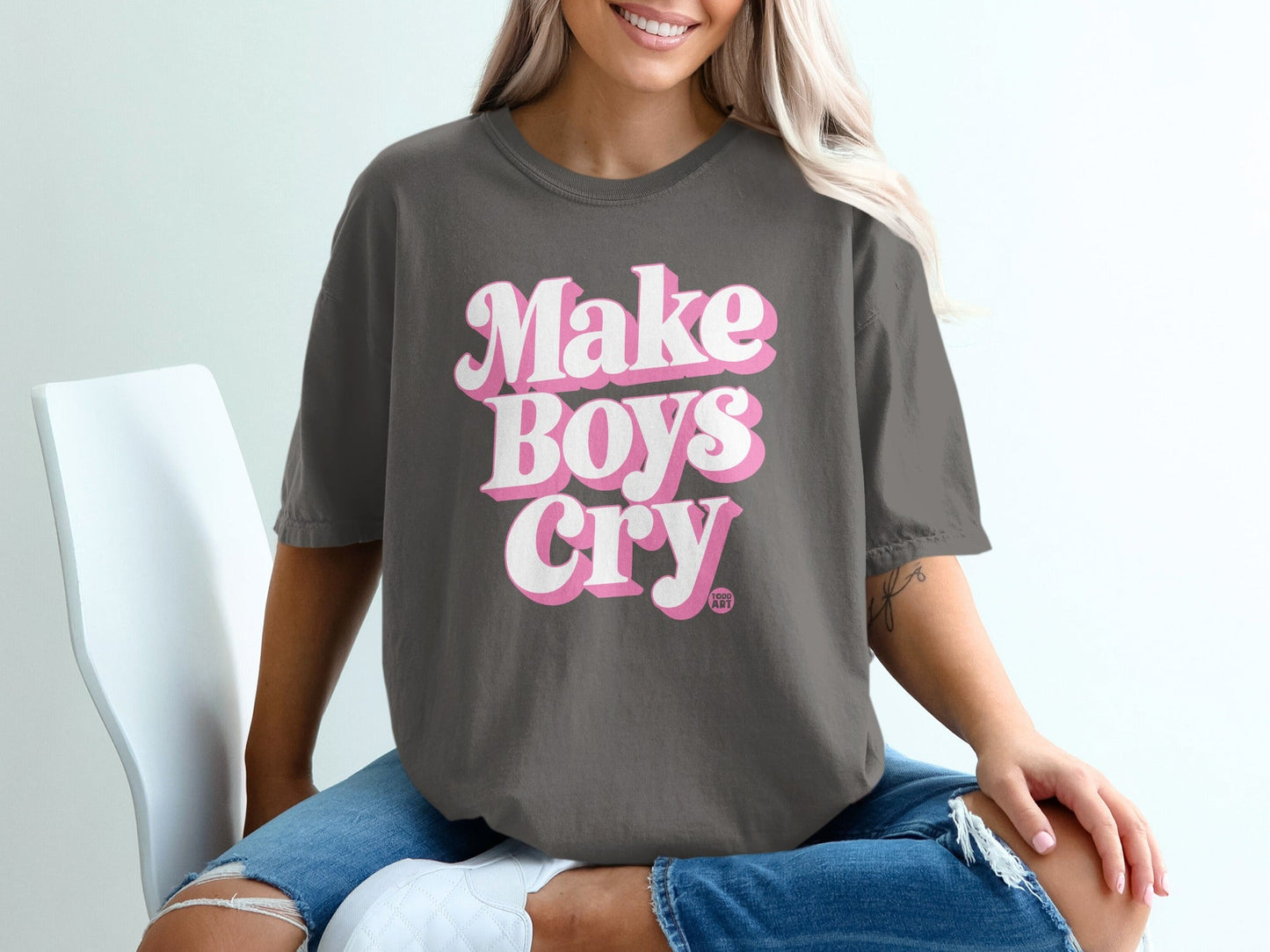 Make Boys Cry Graphic Tee with Bold Pink Text