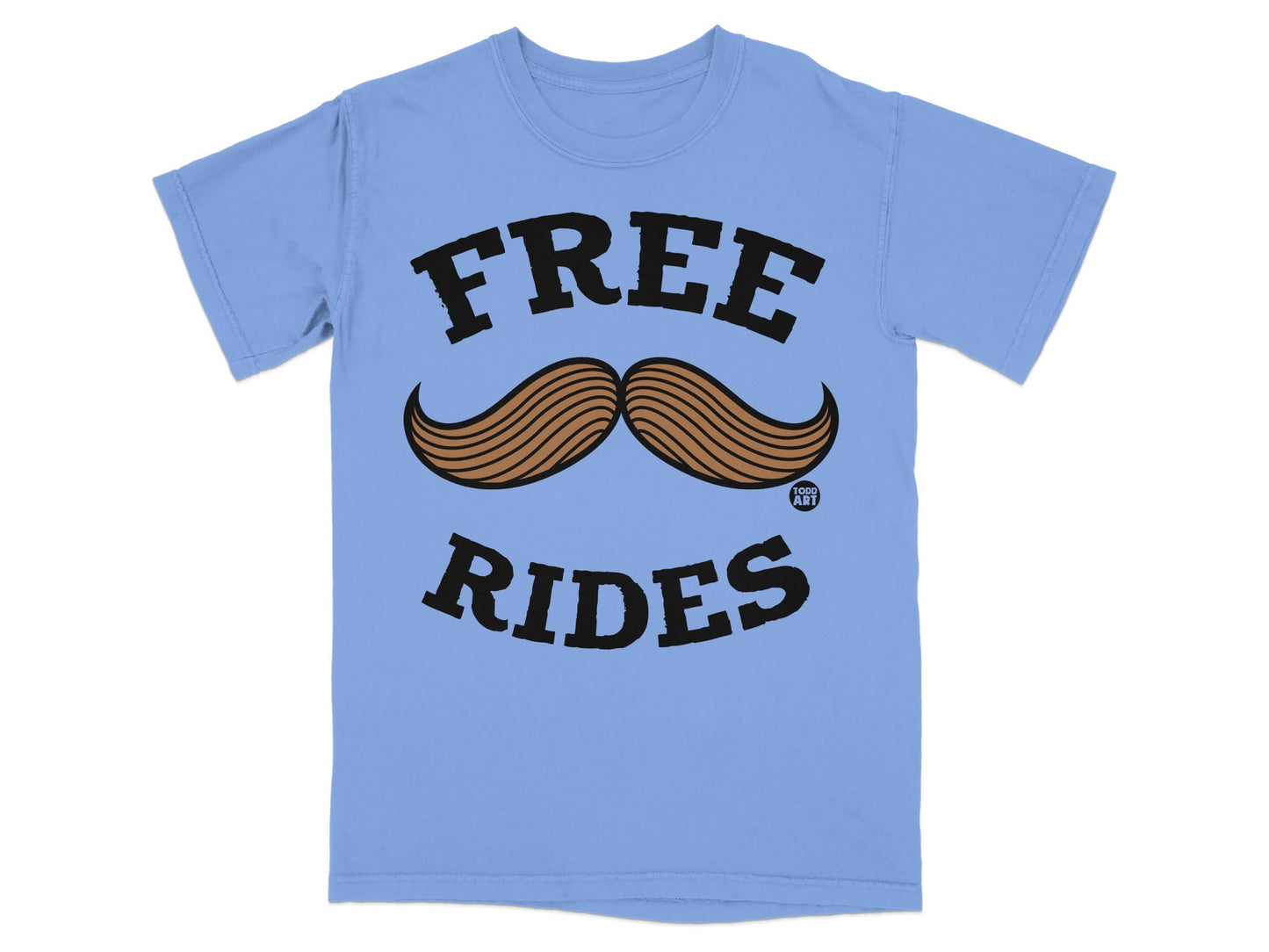Light blue t-shirt with "FREE RIDES" and a mustache graphic.
