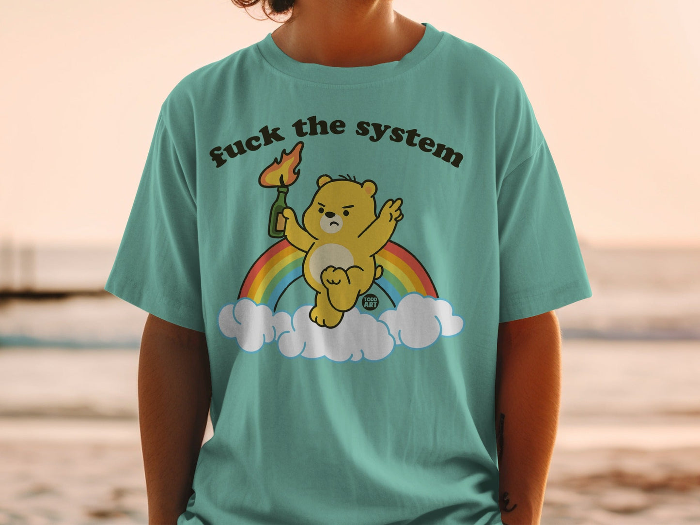 Fuck The System Cartoon Bear with Rainbow T-Shirt