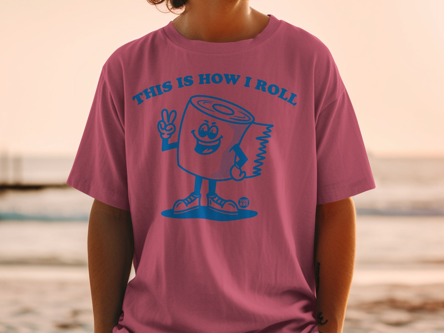 T-shirt with a cartoon toilet paper roll giving a peace sign.