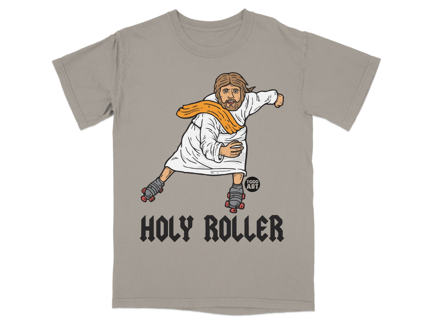 Jesus on roller skates with "Holy Roller" text.