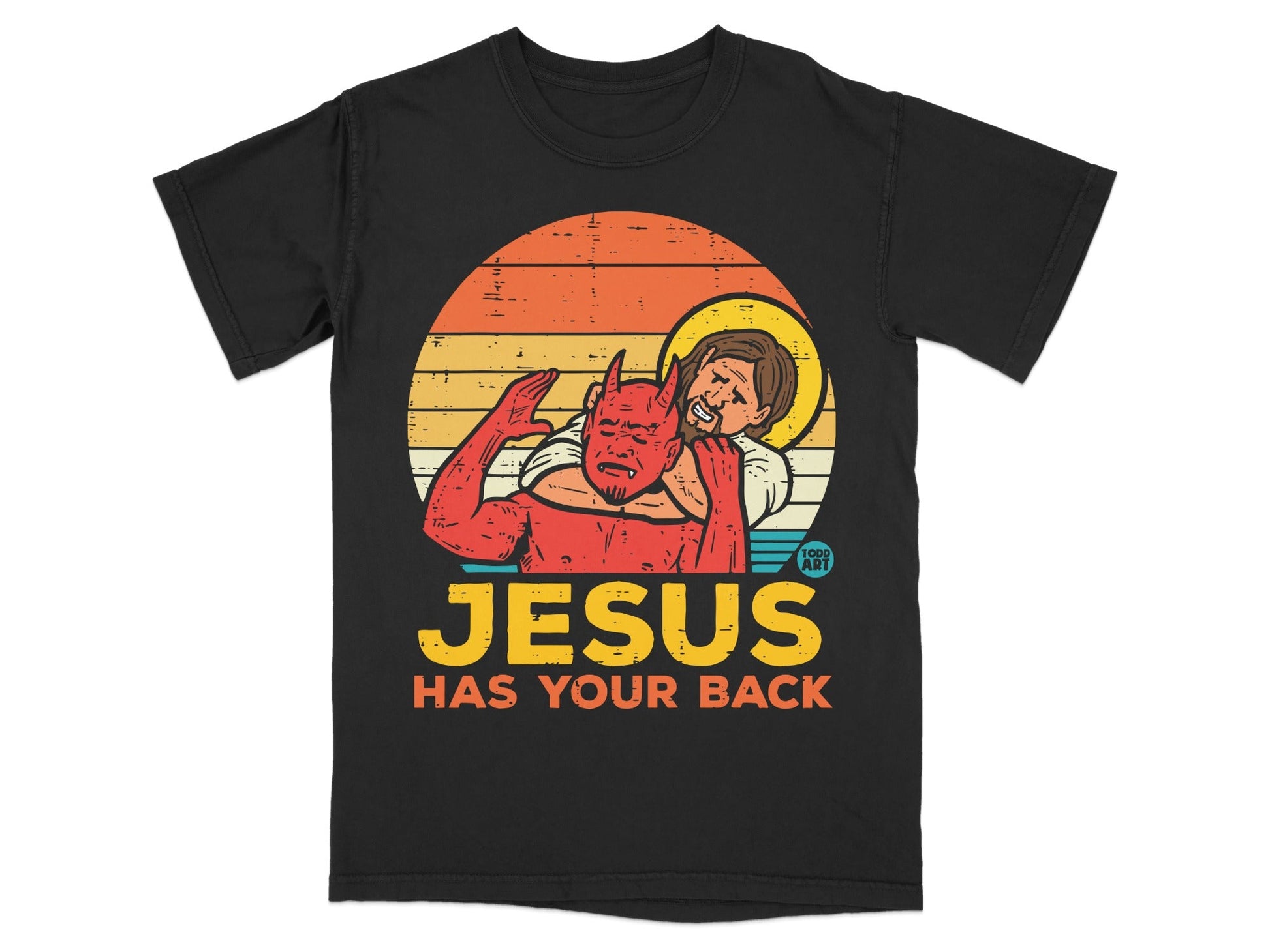 Jesus wrestling a demon with text "JESUS HAS YOUR BACK" in bold yellow.