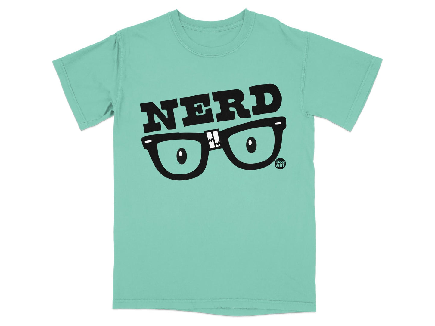 NERD graphic with cartoon glasses on a teal t-shirt.