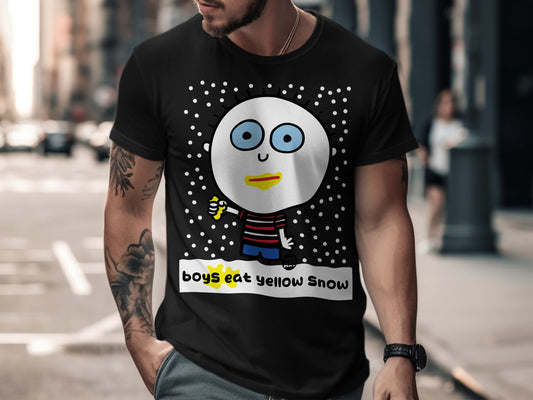 Cartoon character shirt with boys eat yellow snow design