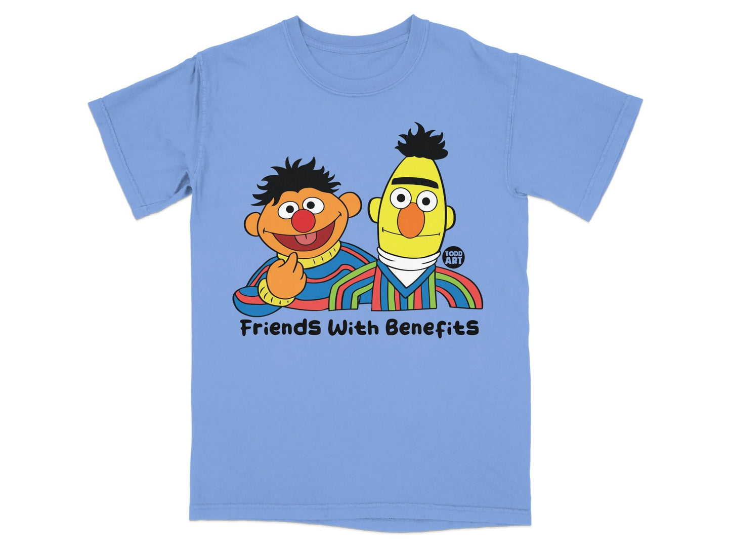 Bert and Ernie from Sesame Street on a light blue t-shirt.