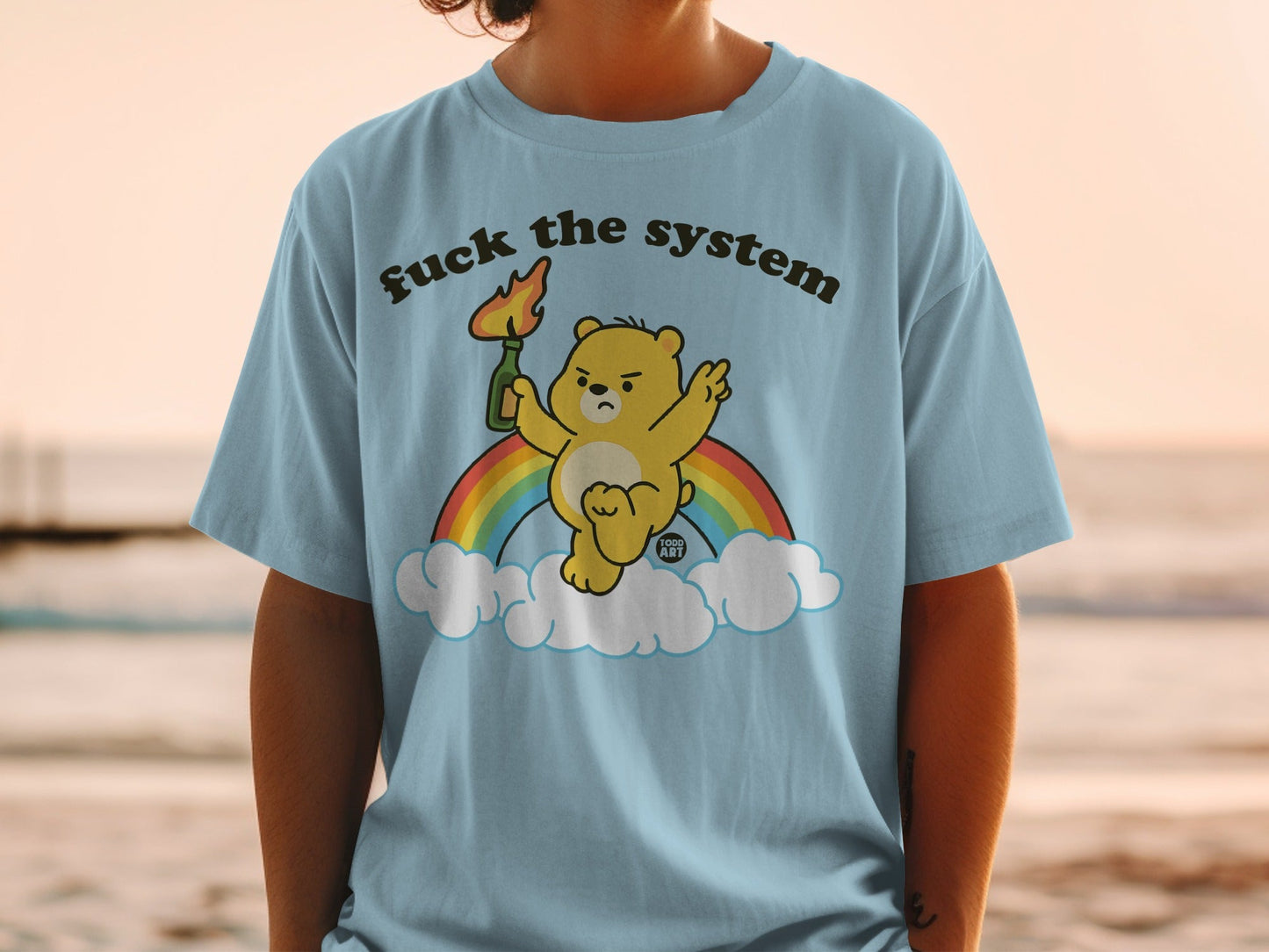 Fuck the System Angry Bear with Rainbow T-Shirt