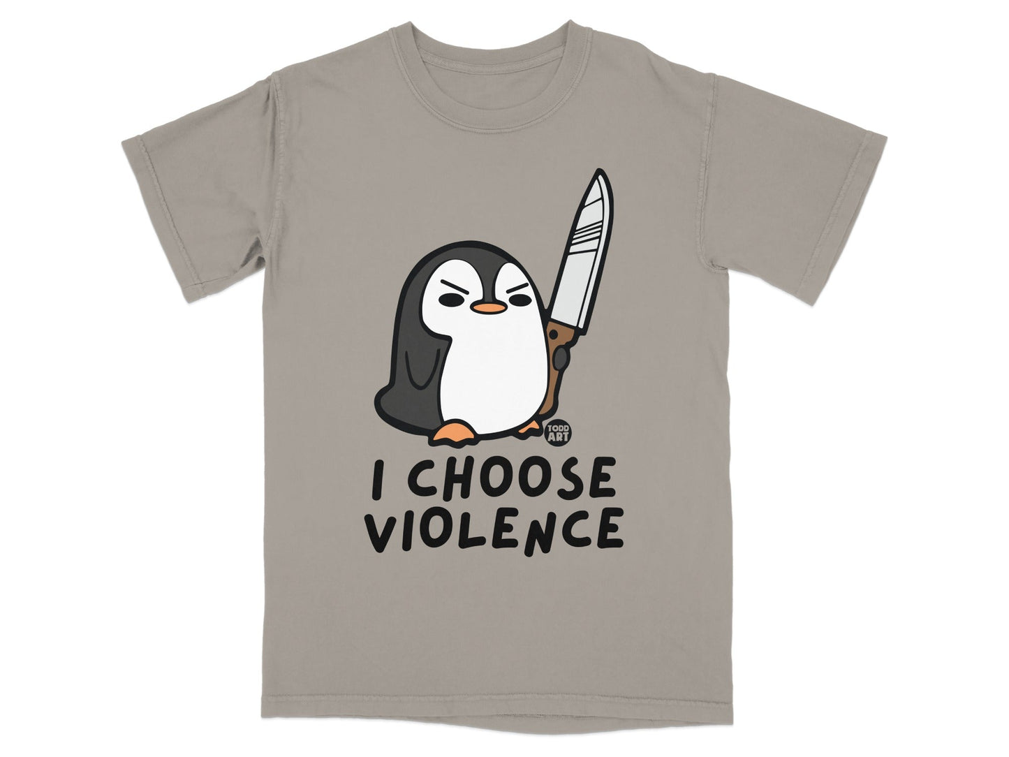 Cartoon penguin holding a knife with text "I CHOOSE VIOLENCE"