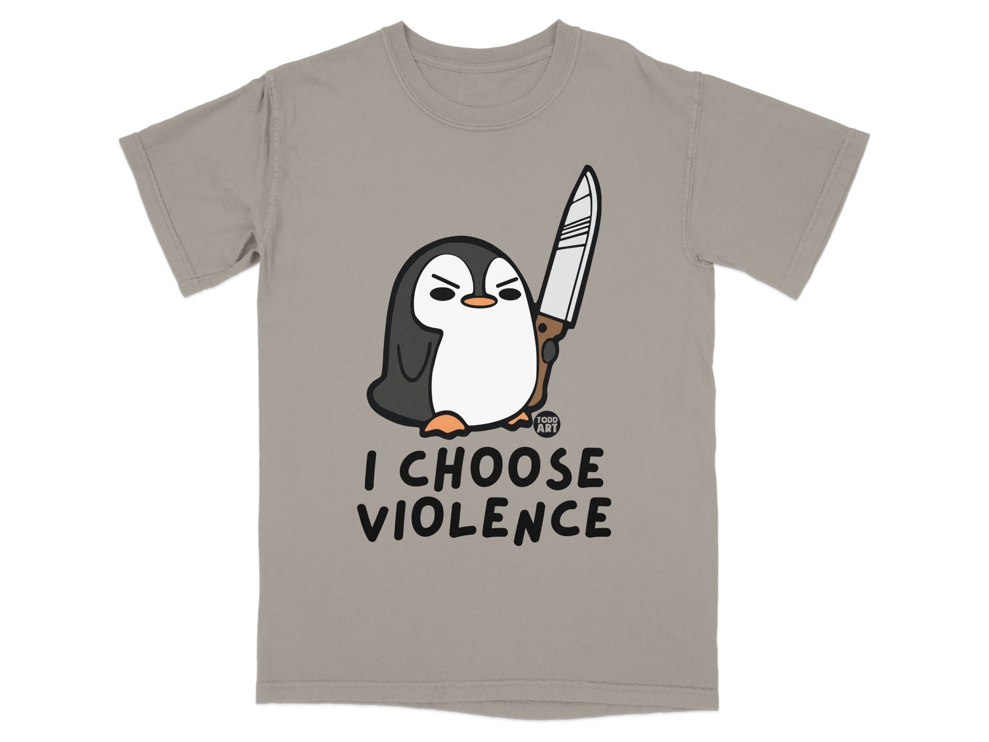 Cartoon penguin holding a knife with text "I CHOOSE VIOLENCE"