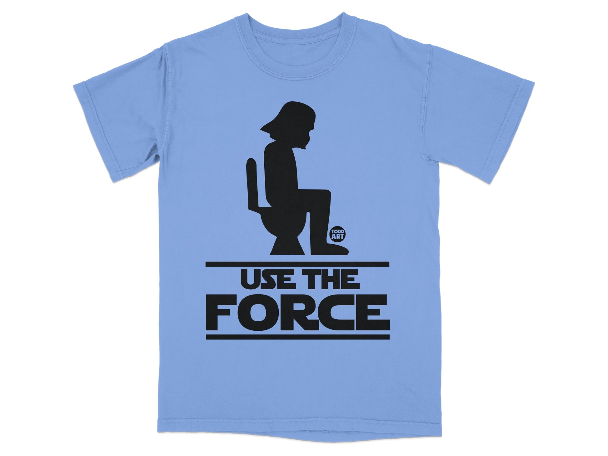 Light blue t-shirt with black Darth Vader sitting on a toilet graphic and "USE THE FORCE" text.
