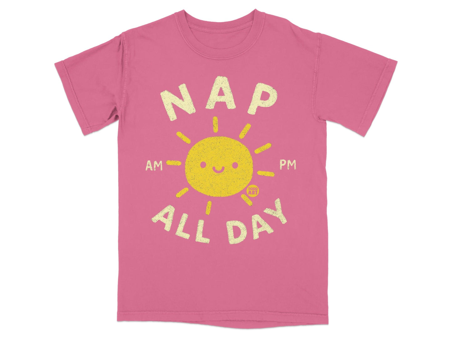 Pink t-shirt with "NAP ALL DAY" text and a smiling sun graphic.