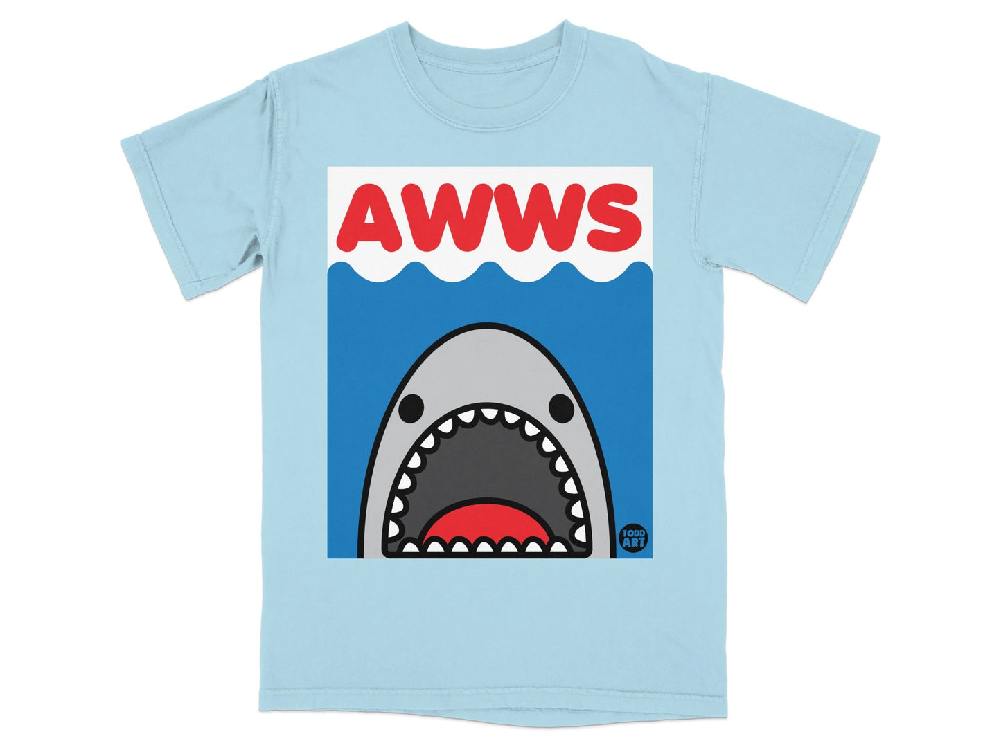 Light blue t-shirt with cartoon shark and "AWWS" text.