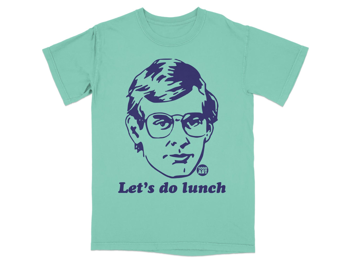 Mint t-shirt with a graphic of a man's face and the text "Let's do lunch".
