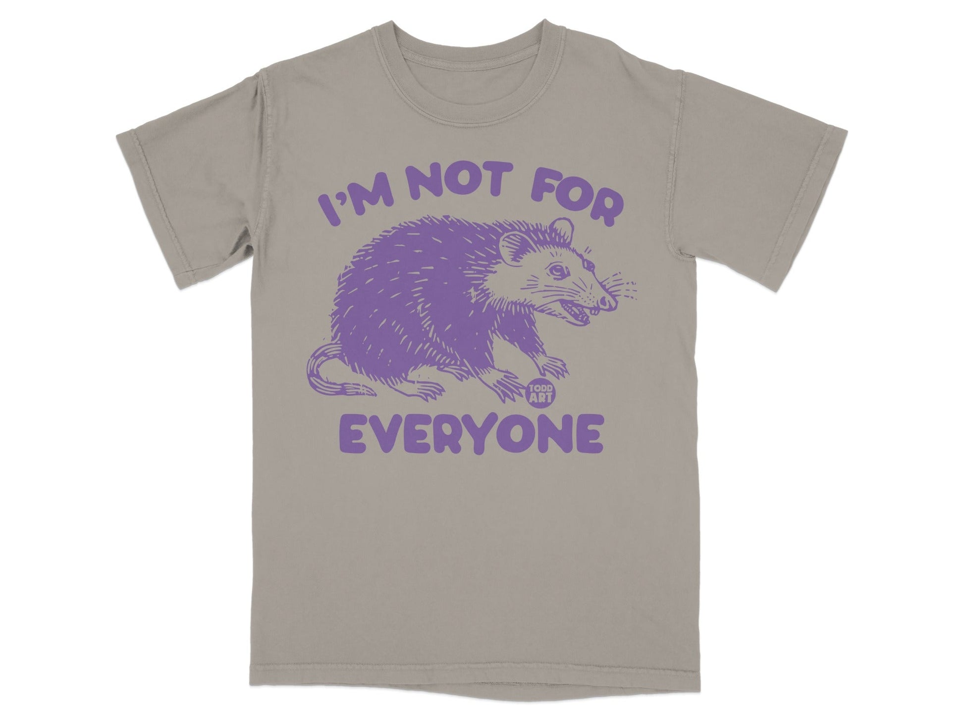Purple possum graphic with "I'm Not For Everyone" text on a grey t-shirt.