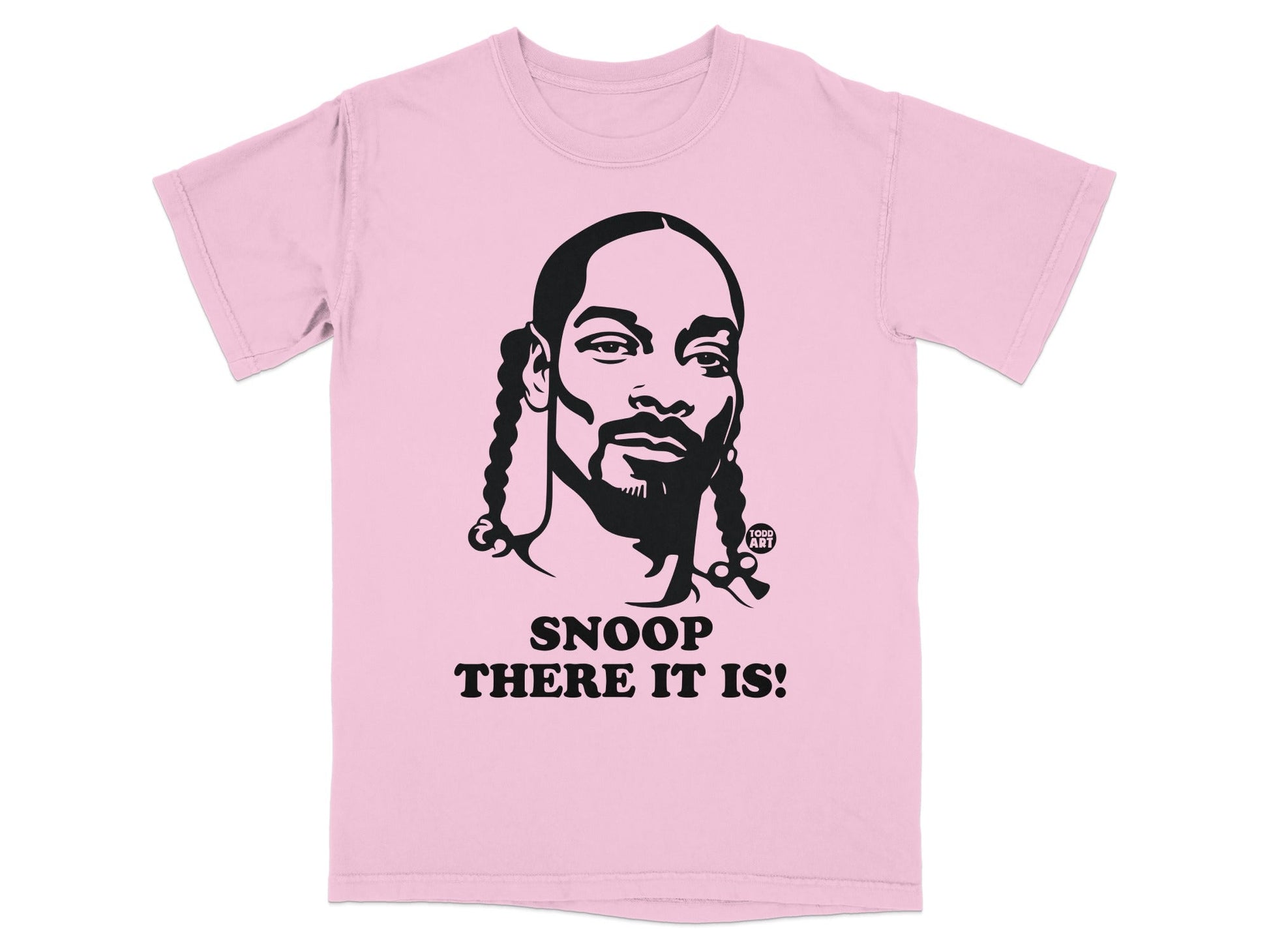 Pink t-shirt with Snoop Dogg graphic and "SNOOP THERE IT IS!" text.
