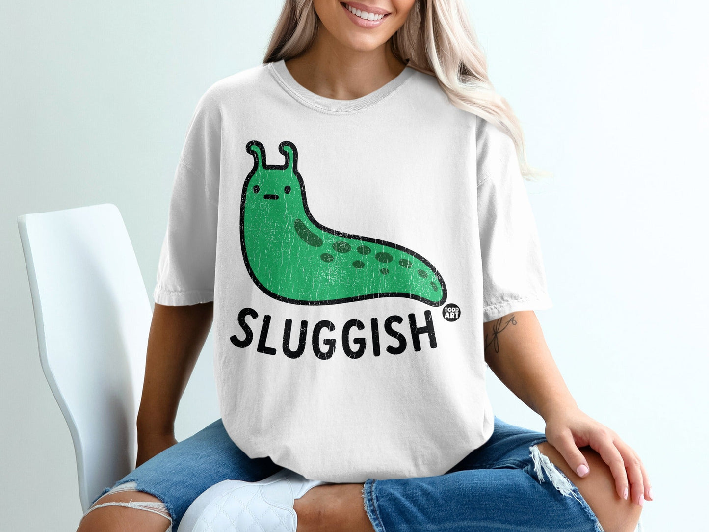 Sluggish Green Slug Graphic White Casual T-shirt