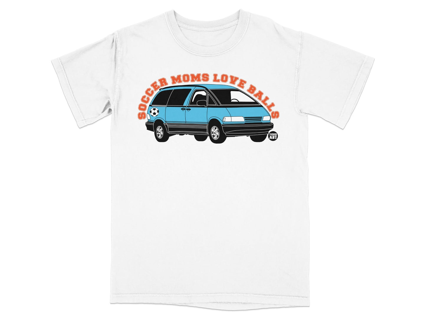 Blue minivan with "SOCCER MOMS LOVE BALLS" text on a white t-shirt.