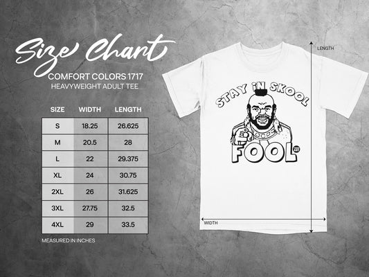 Comfort Colors 1717 size chart for heavyweight adult tees.