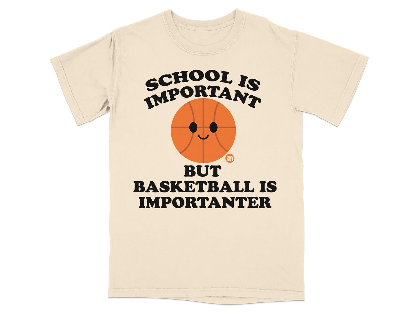 T-shirt with text "SCHOOL IS IMPORTANT BUT BASKETBALL IS IMPORTANTER" and a smiling basketball.