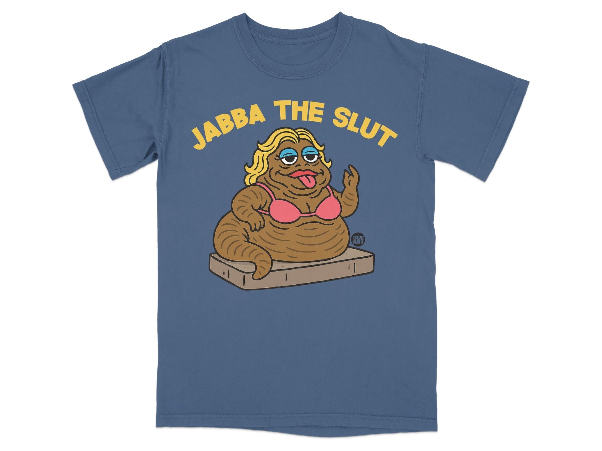 Illustration of a Jabba the Hutt-like character in a bikini and blonde wig.