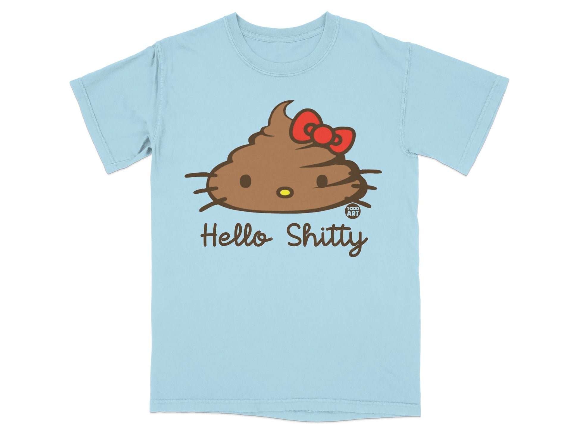 Light blue t-shirt with a brown poop emoji face and "Hello Shitty" text.