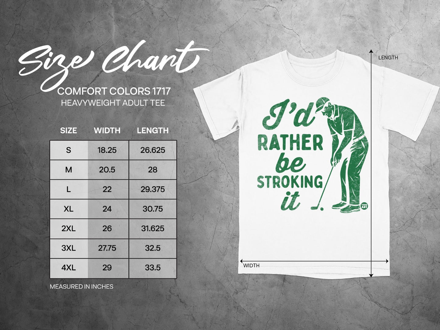 Comfort Colors 1717 heavyweight adult tee size chart with shirt graphic.