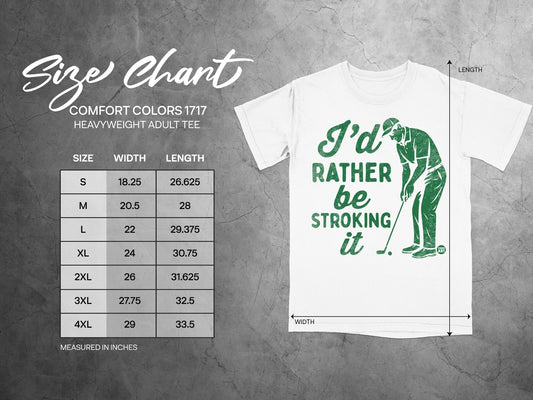 Comfort Colors 1717 heavyweight adult tee size chart with shirt graphic.