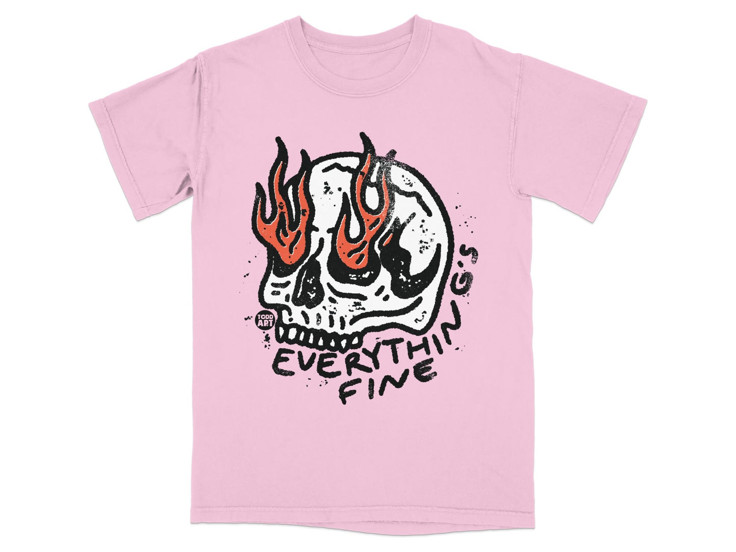 Pink t-shirt with a flaming skull graphic and text "EVERYTHING FINE".