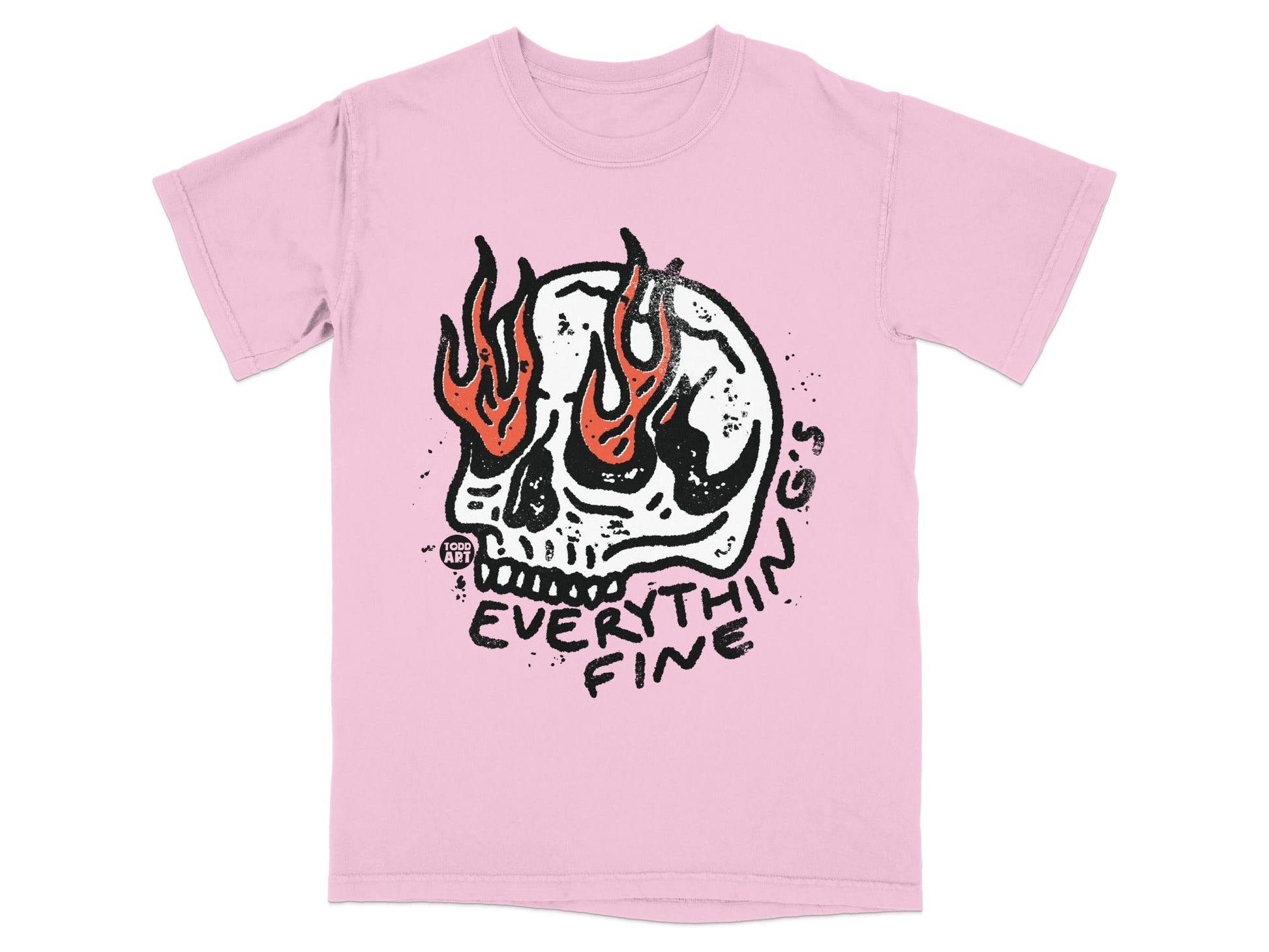 Pink t-shirt with a flaming skull graphic and text "EVERYTHING FINE".