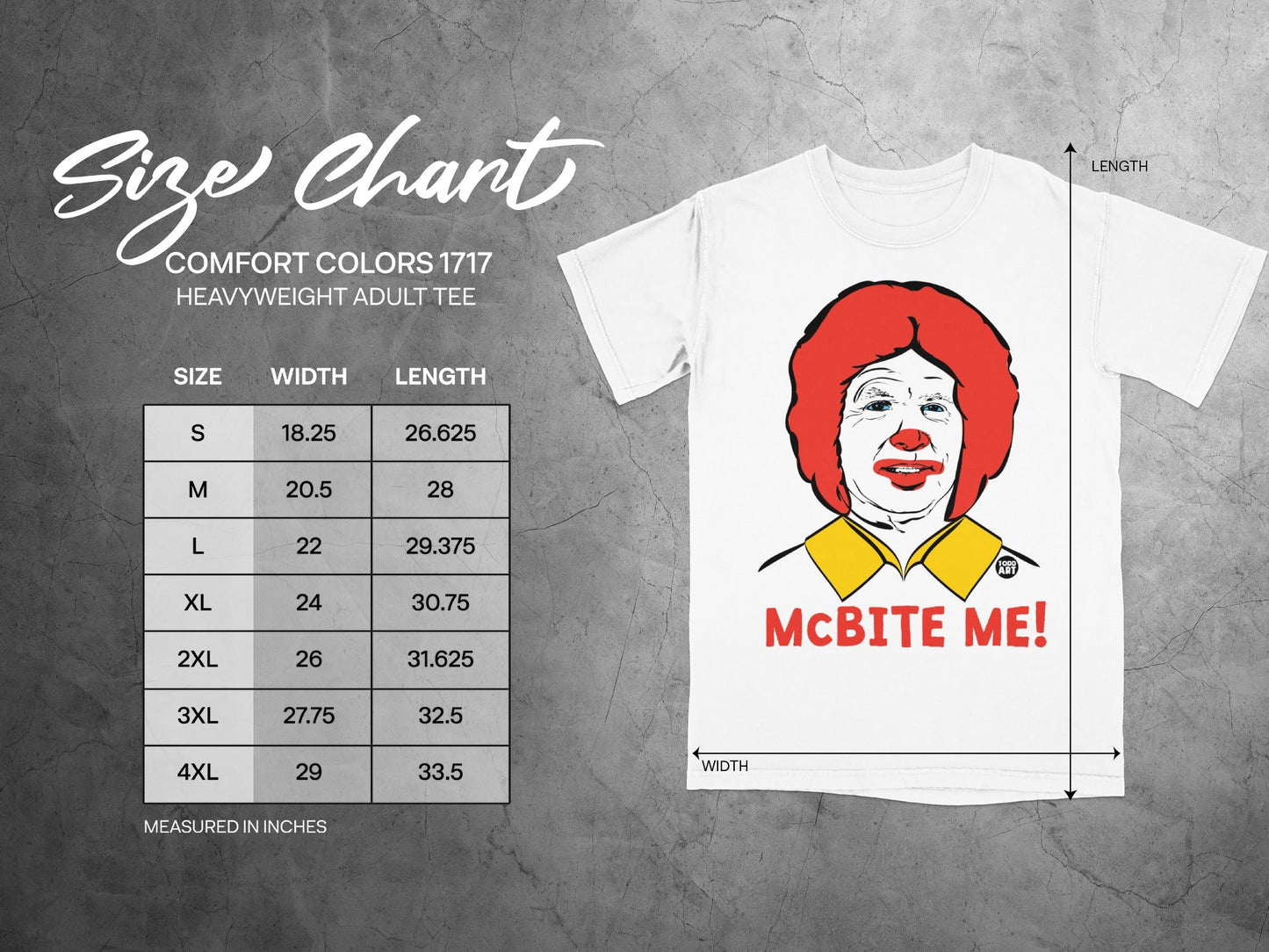 Size chart for a Comfort Colors heavyweight adult tee with Grimace saying "McBite Me!".
