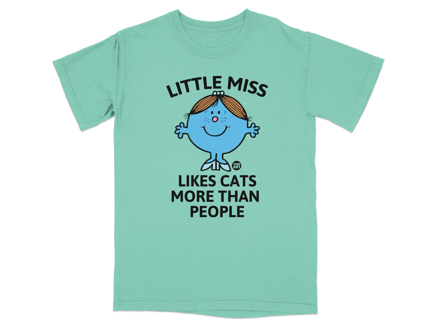 Teal t-shirt with "Little Miss Likes Cats More Than People" text and cartoon.