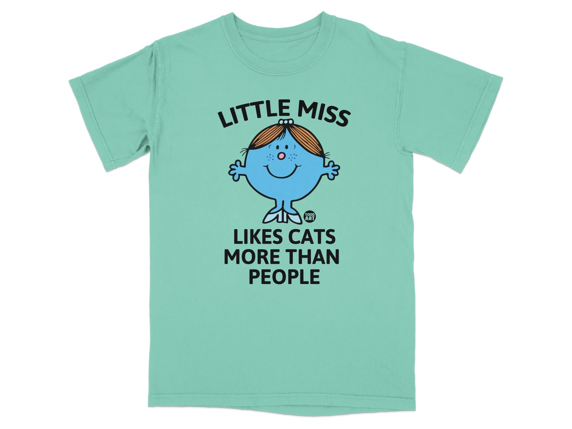 Teal t-shirt with "Little Miss Likes Cats More Than People" text and cartoon.