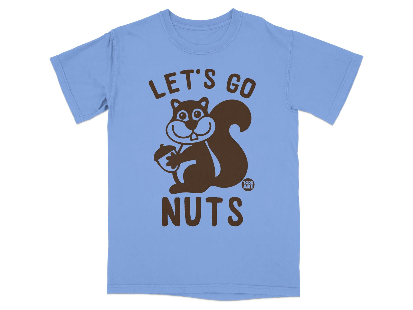 Blue t-shirt with brown squirrel holding acorn and text "LET'S GO NUTS".