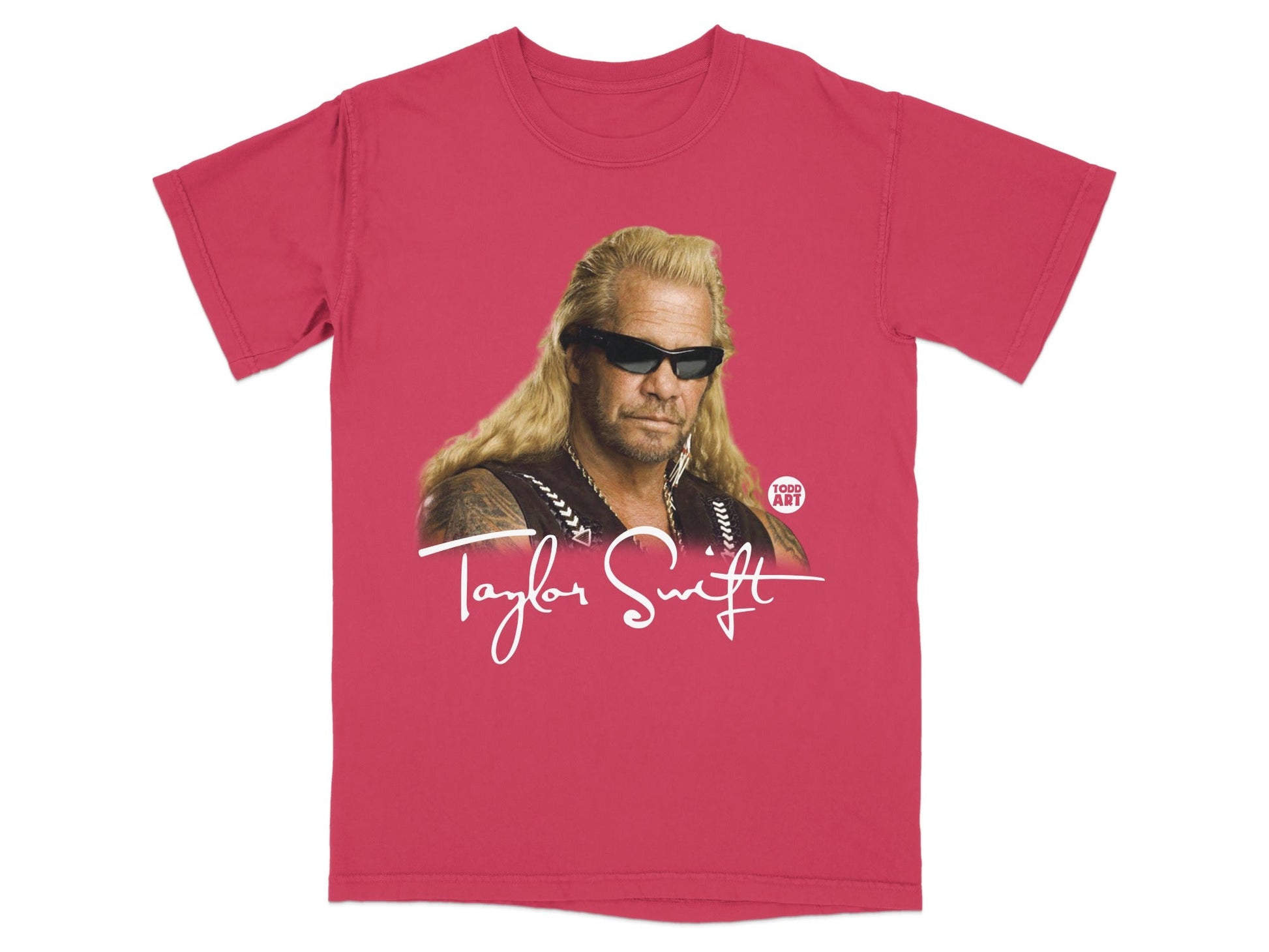 Pink t-shirt with a portrait of Dog the Bounty Hunter and "Taylor Swift" text.