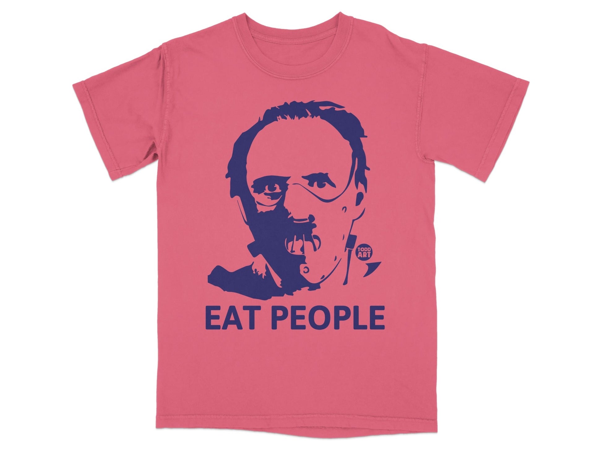 Dark blue graphic of Hannibal Lecter's mask with "EAT PEOPLE" text on pink t-shirt.
