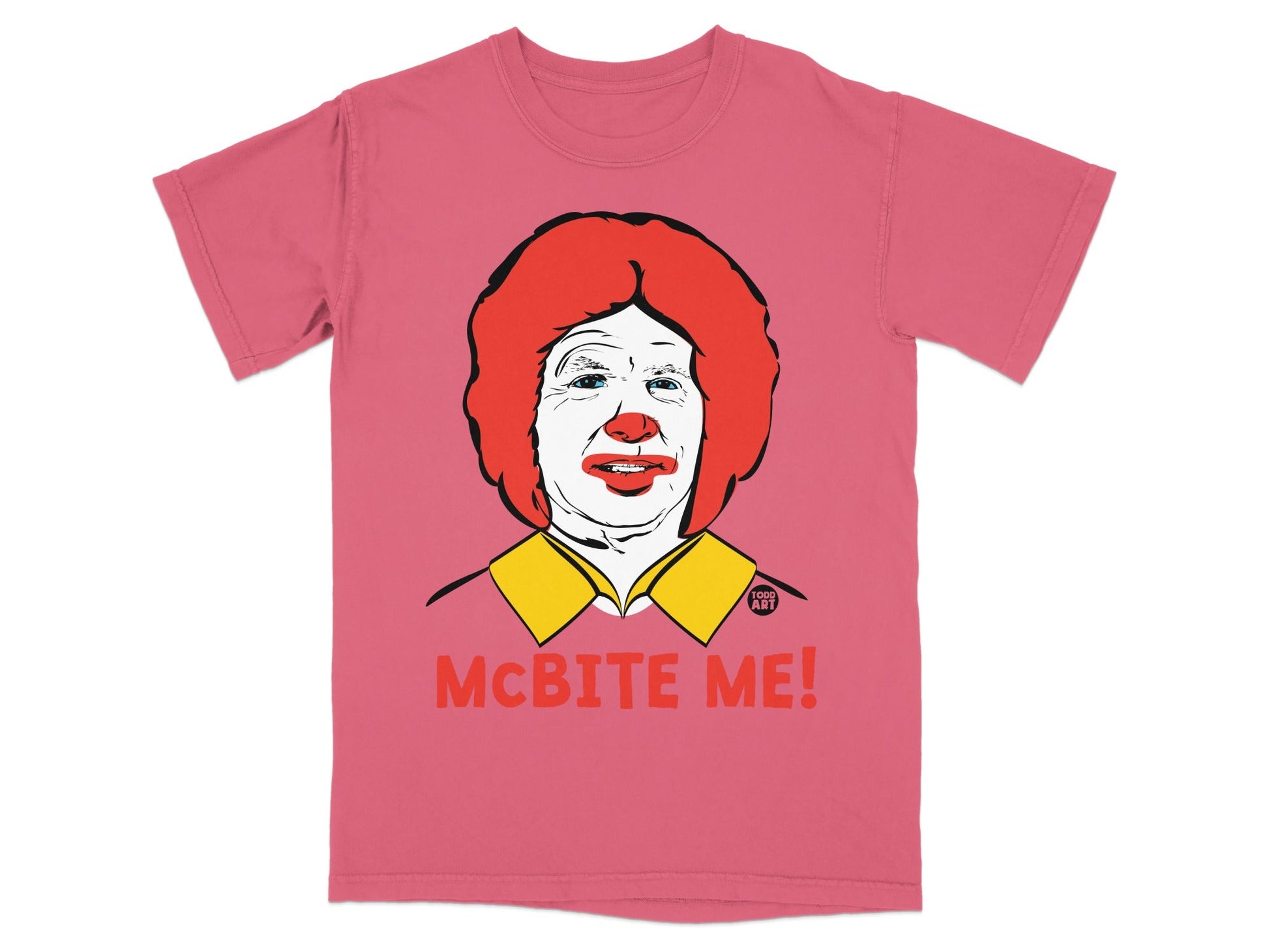 Ronald McDonald on a pink t-shirt with "MCBITE ME!" text.