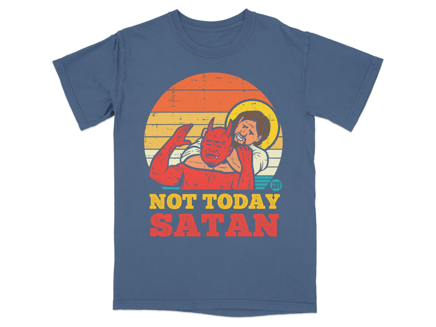 T-shirt graphic with red devil character pushing away a sun-themed figure, text reads "NOT TODAY SATAN".