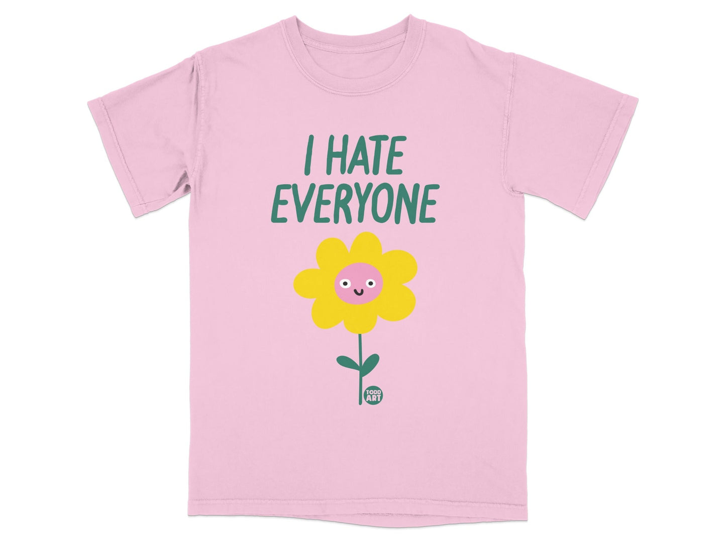 Pink t-shirt with a cartoon flower and "I HATE EVERYONE" text.