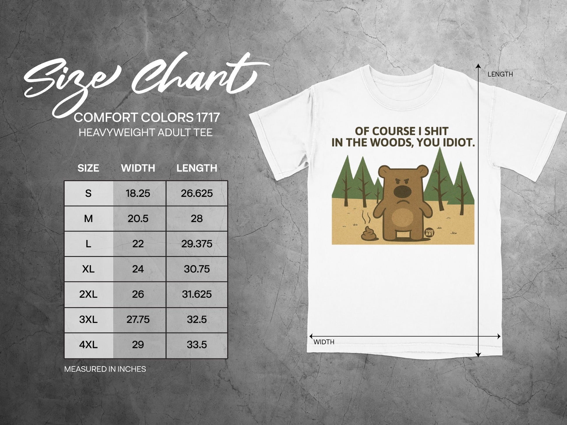 Size chart for Comfort Colors 1717 heavyweight adult tee with bear graphic.