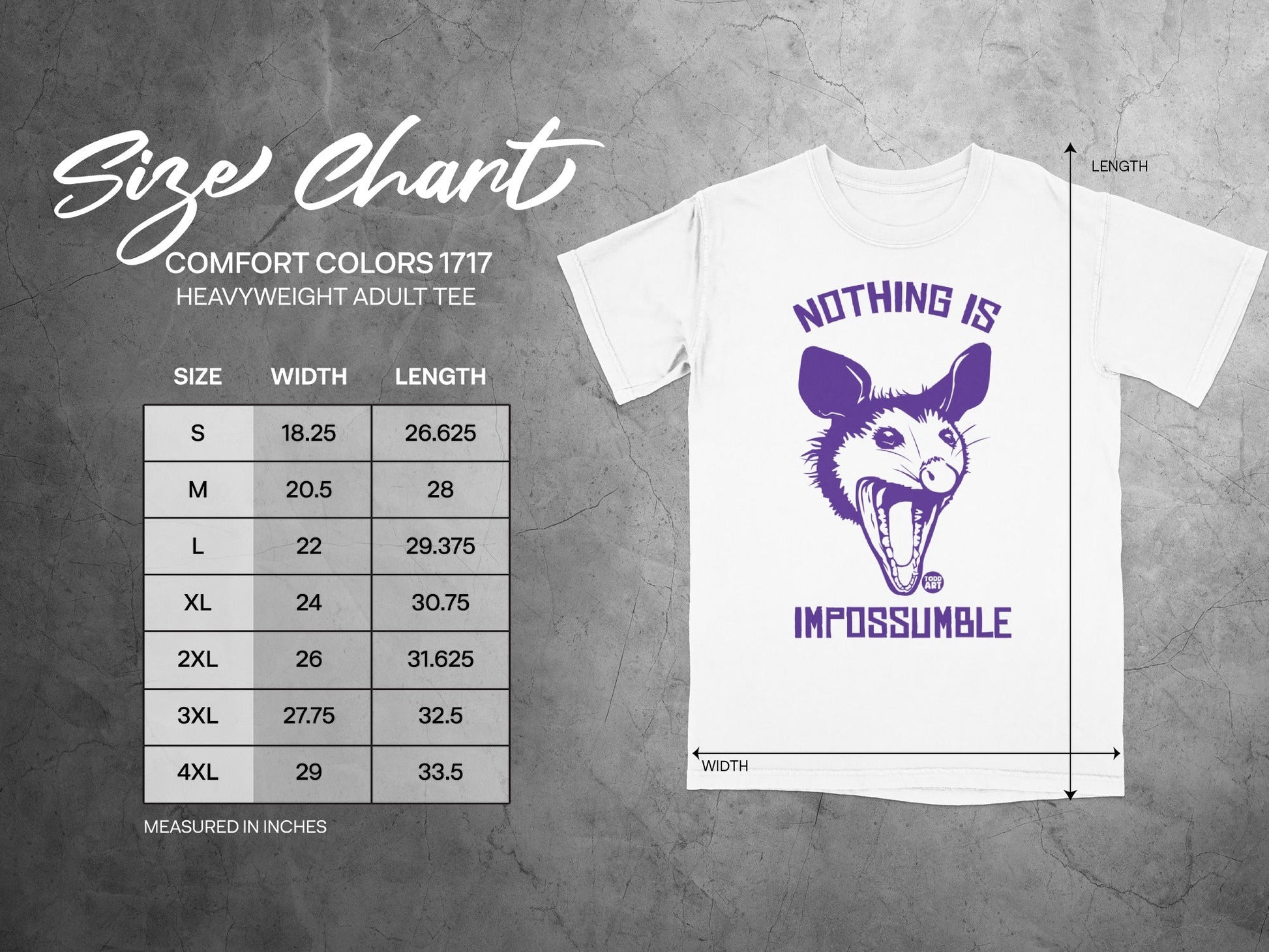 Size chart for a Comfort Colors 1717 heavyweight adult tee with measurement details.