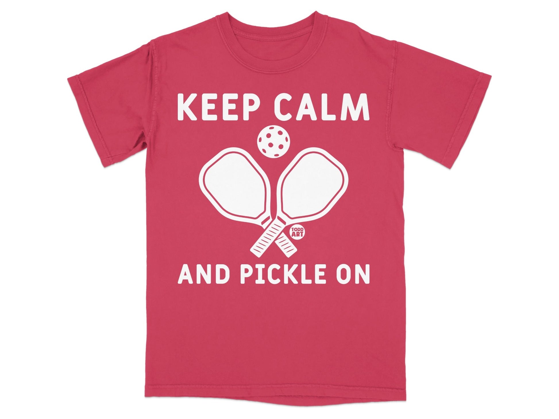 Red t-shirt with white graphic: "KEEP CALM AND PICKLE ON" and pickleball imagery.