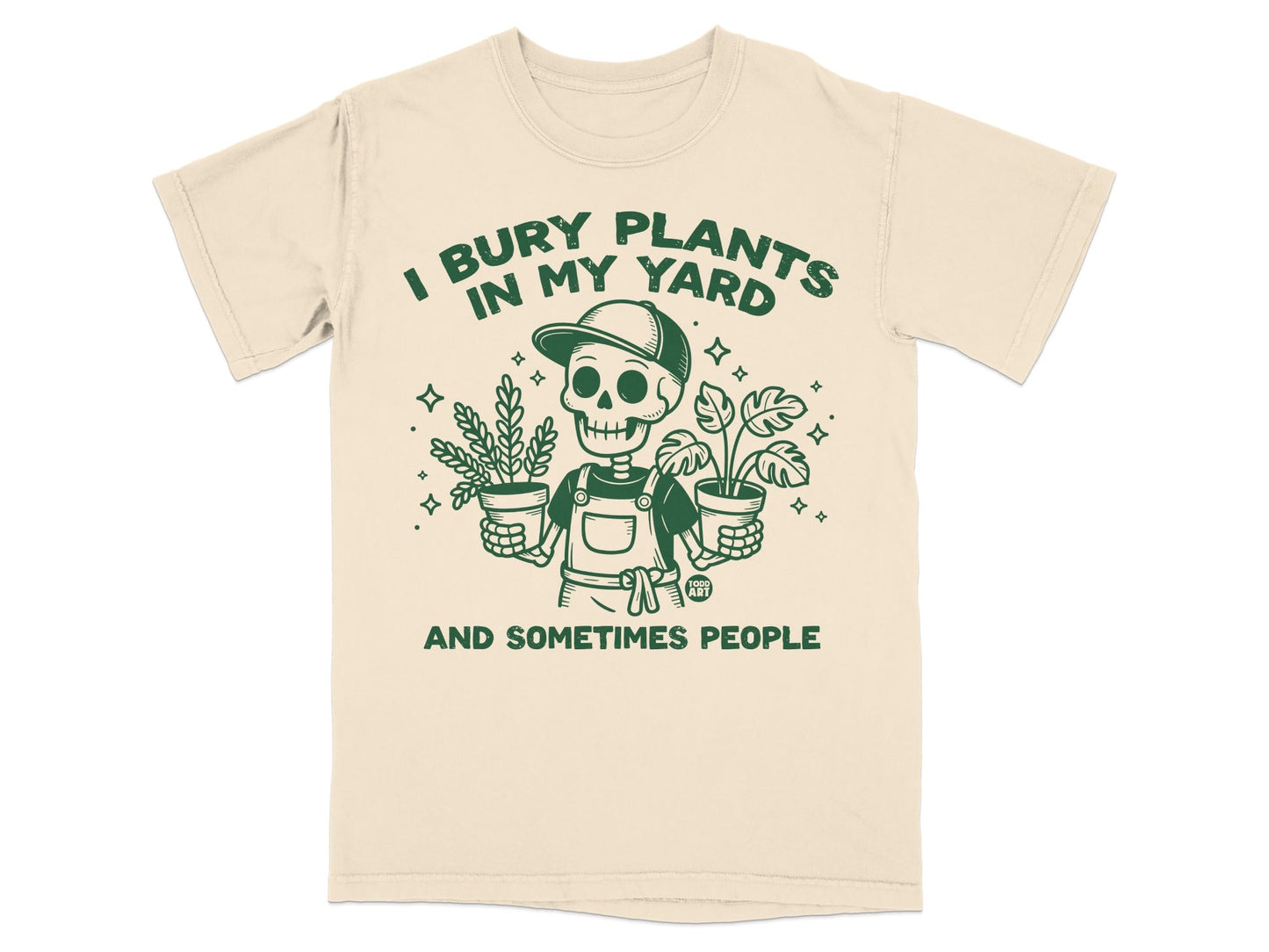 Skeleton holding potted plants with text "I bury plants in my yard and sometimes people."