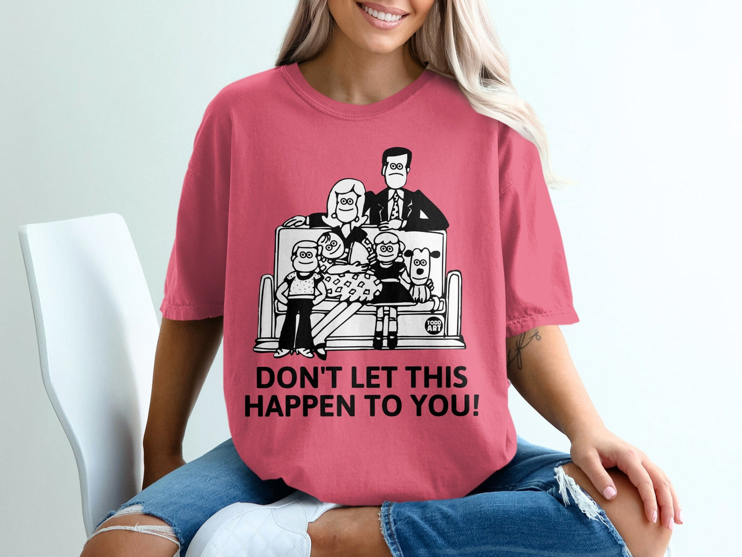Family on couch with slot machine, "Don't let this happen to you!"
